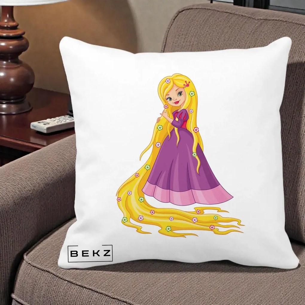 Perna Personalizata Rapunzel Par Lung Floral, 40x40 cm, Alba Mata, Husa Detasabila, Perna Inclusa, BEKZ®