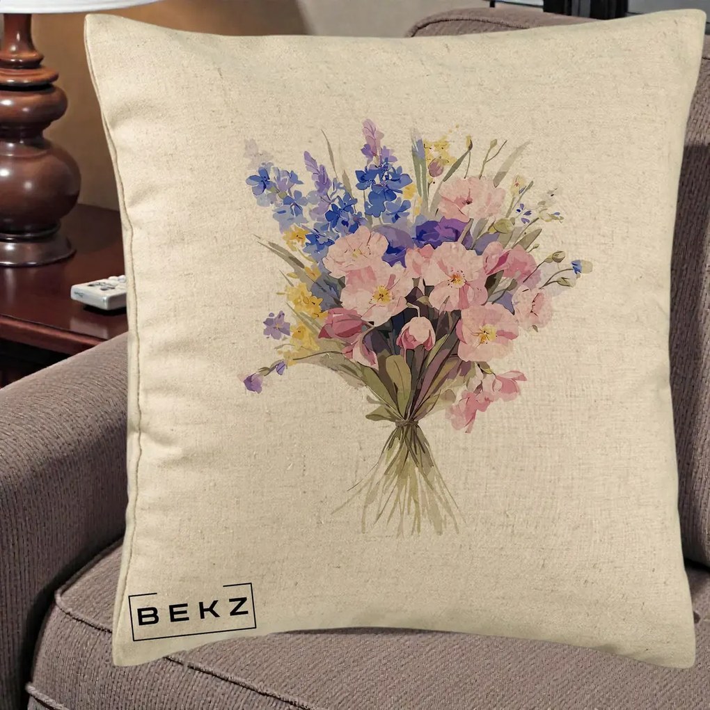 Perna Decorativa Buchet Floral Acuarela Primavara, 40x40 cm, Bej, Husa Detasabila, Perna Inclusa, BEKZ®