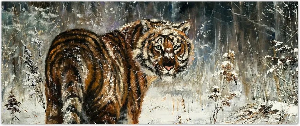 Tablou - Tigru într-o pădure înzăpezită, pictură în ulei (120x50 cm)