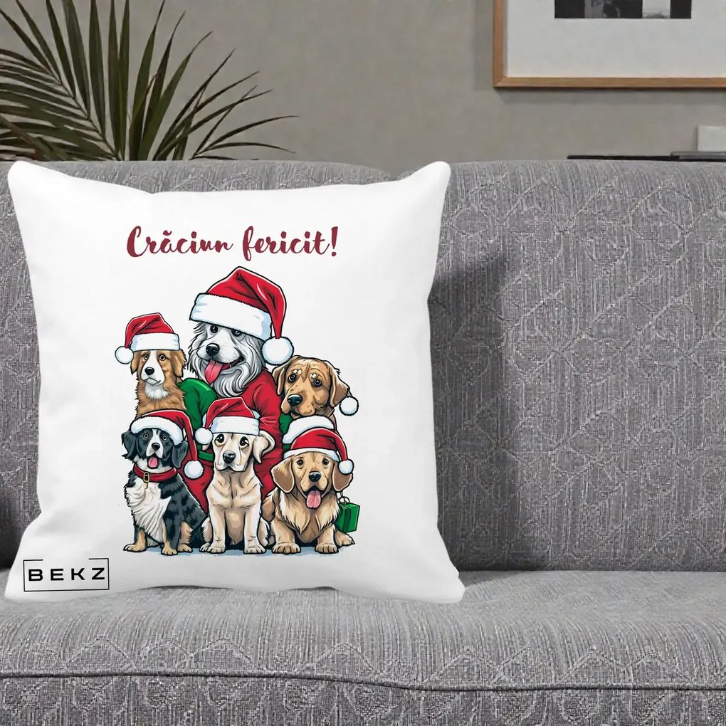 Perna Decorativa Caini cu Bonete Craciun Fericit, 40x40 cm, Alba Mata, Husa Detasabila, Perna Inclusa, BEKZ®