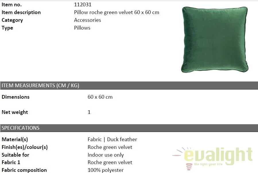 Perna decorativa din catifea verde Roche, 60x60cm 112031 HZ