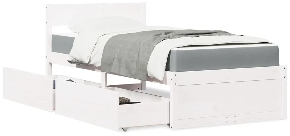 vidaXL Pat cu sertare și saltea, alb, 90x200 cm, lemn masiv pin