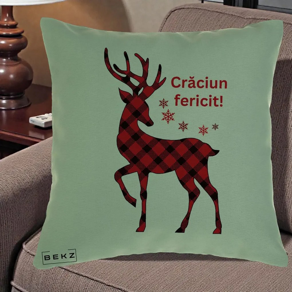Perna Decorativa Ren Tartan Craciun Fericit, 40x40 cm, Verde, Husa Detasabila, Perna Inclusa, BEKZ®