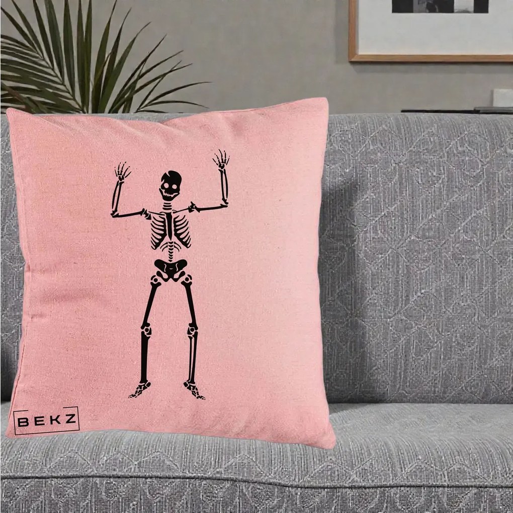 Perna Decorativa Halloween Schelet Dansator, 40x40 cm, Roz, Husa Detasabila, Perna Inclusa, BEKZ®