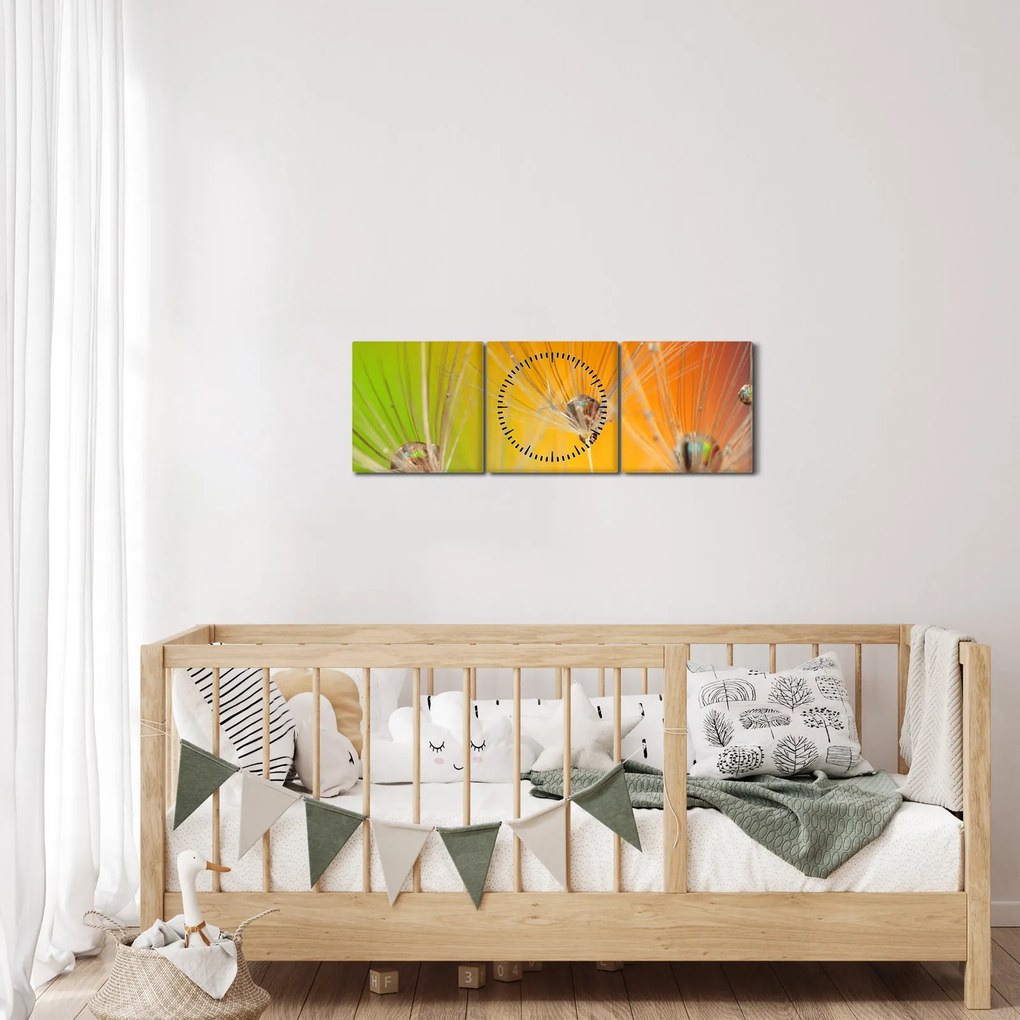 Tablou cu picături pe plantă (cu ceas) (90x30 cm)