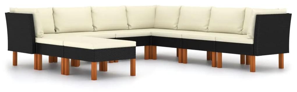 Set mobilier de gradina cu perne, 9 piese, negru, poliratan Negru, 3x colt + 4x mijloc + 2x suport pentru picioare, 9