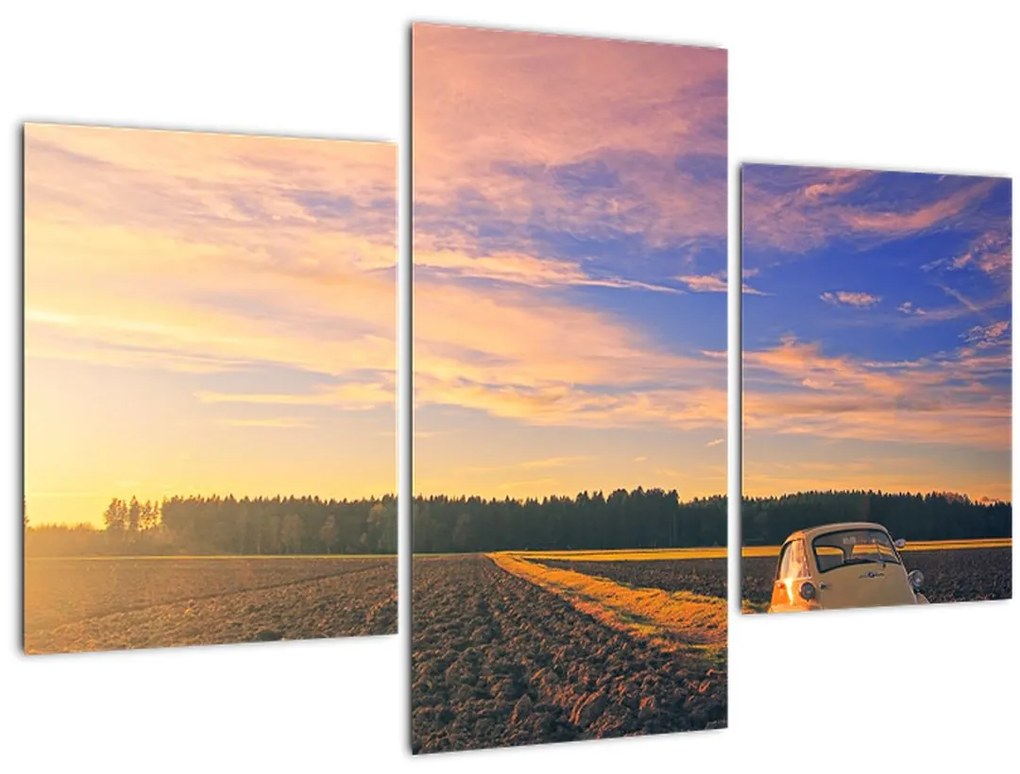 Tablou - Mașină galbenă ăn câmp (90x60 cm)