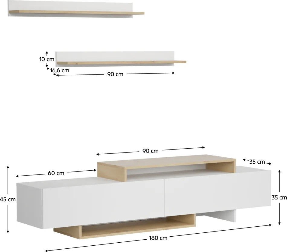 Mobilier de perete living, alb/stejar artisan, MILONA