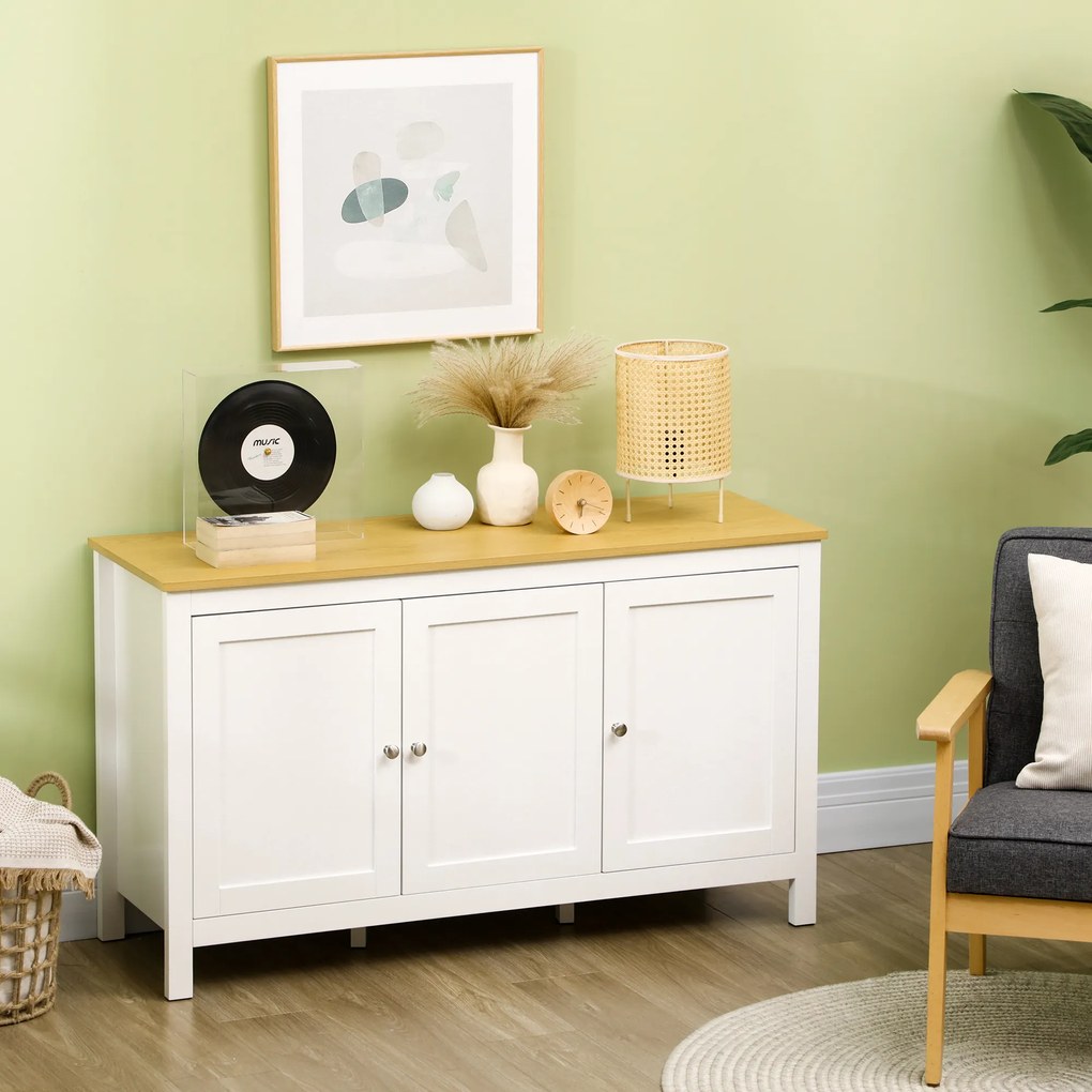 HOMCOM Bufet mobilier de depozitare cu 3 uși 2 rafturi reglabile aspect de lemn deschis 120 x 40 x 70 cm alb | Aosom Romania