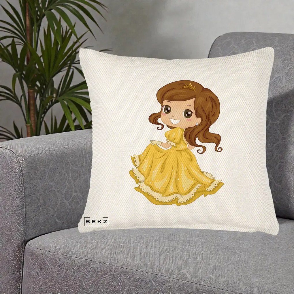 Perna Decorativa Printesa Bella Rochie Aurie, 40x40 cm, Crem Reliefat, Husa Detasabila, Perna Inclusa, BEKZ®