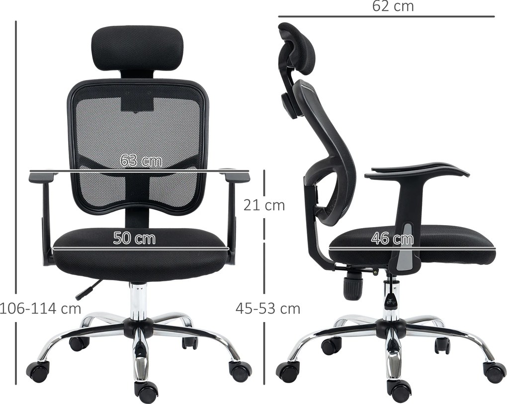 Vinsetto Scaun de Birou Ergonomic și Reglabil cu Tetieră, Negru | Aosom Romania