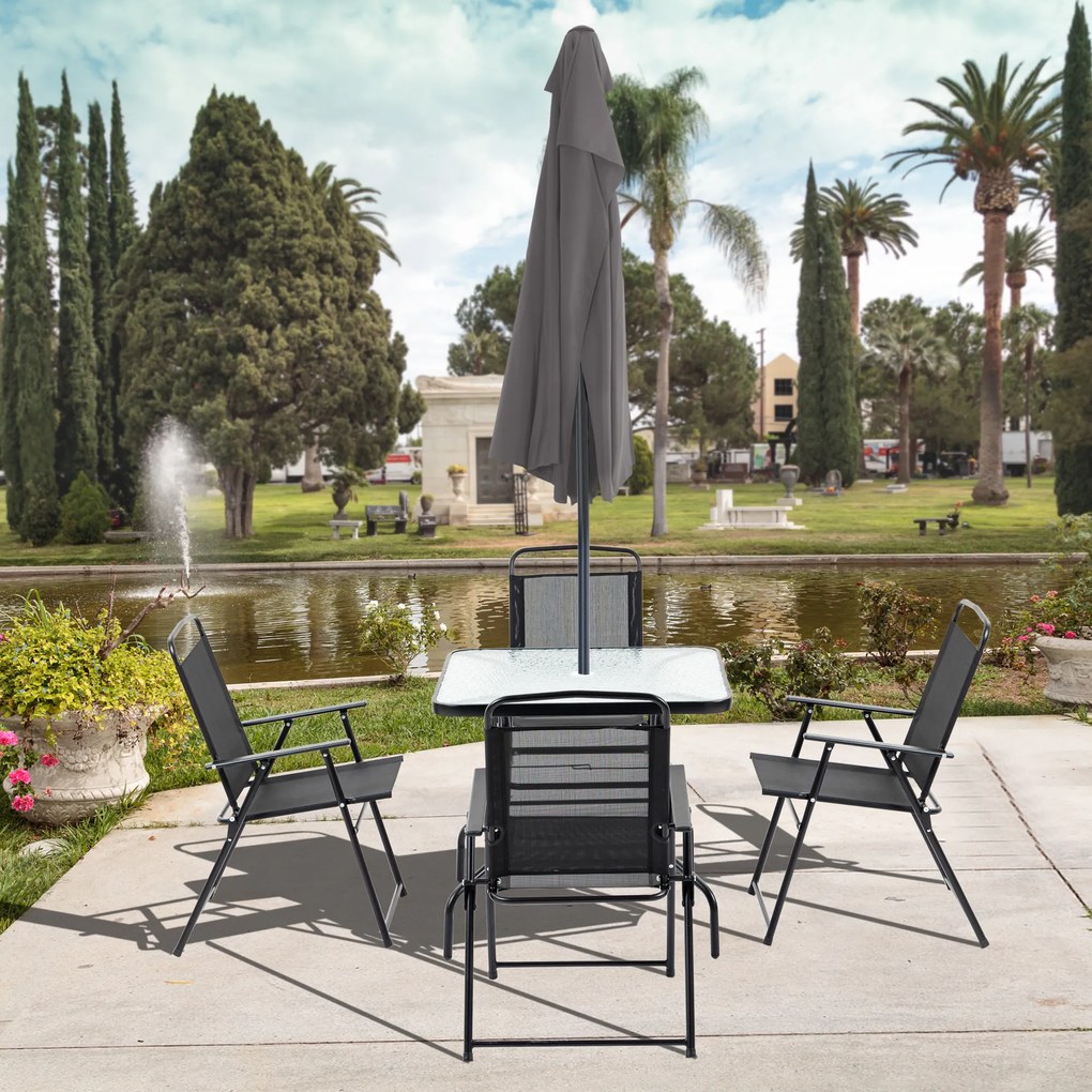 Outsunny Set Mobilier de Grădină 5 Piese, 4 Scaune Pliabile și Masă cu Orificiu pentru Umbrelă, Design Elegant, Negru | Aosom Romania