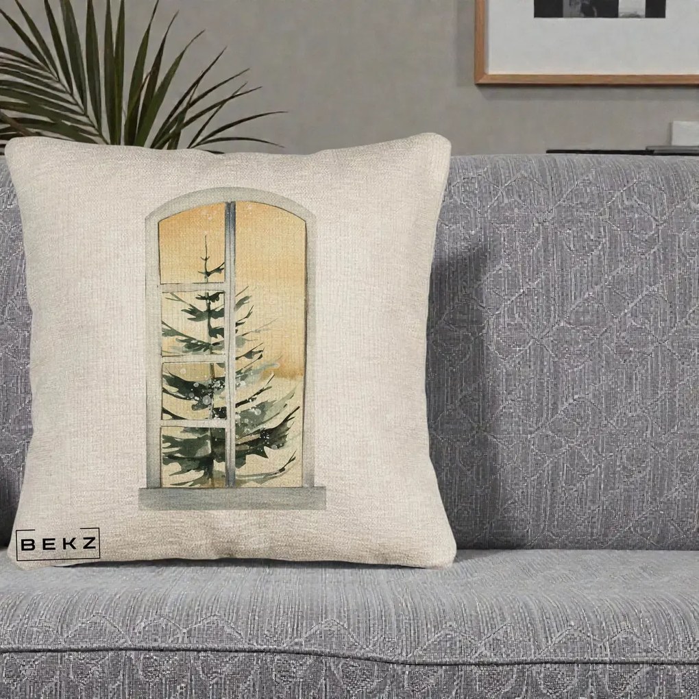 Perna Decorativa Fereastra cu Brad de Iarna, 40x40 cm, Bej Canapea, Husa Detasabila, Perna Inclusa, BEKZ®
