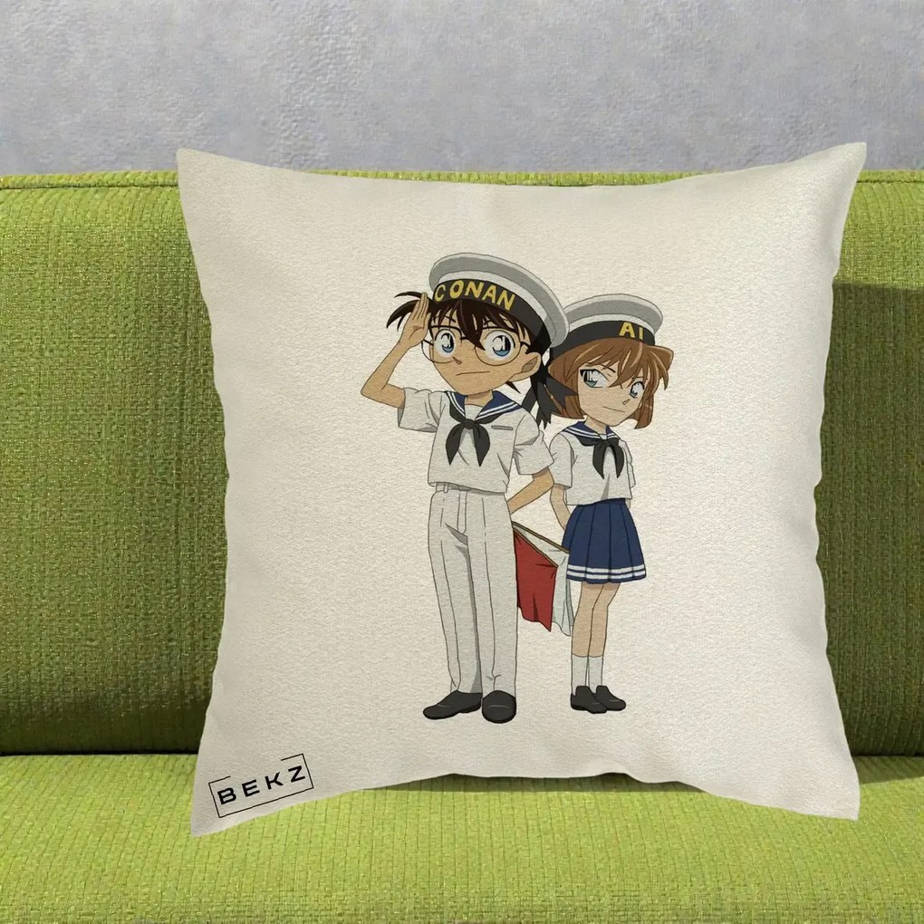Perna Personalizata Detective Conan Conan si Ai Sailor, 40x40 cm, Ecru, Husa Detasabila, Perna Inclusa, BEKZ®