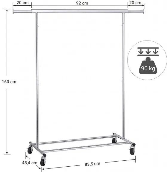 Suport mobil cu 1 bara Chrome 1, (92-132) x 45.4 x 160 cm
