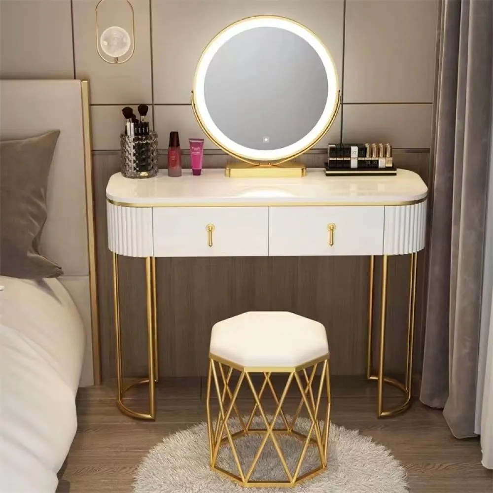 Set LISA – Masă de Toaletă pentru Machiaj, Oglindă Iluminată LED, Control Touch, Sertar, Taburet tapitat, Alb, 100x40x75 cm