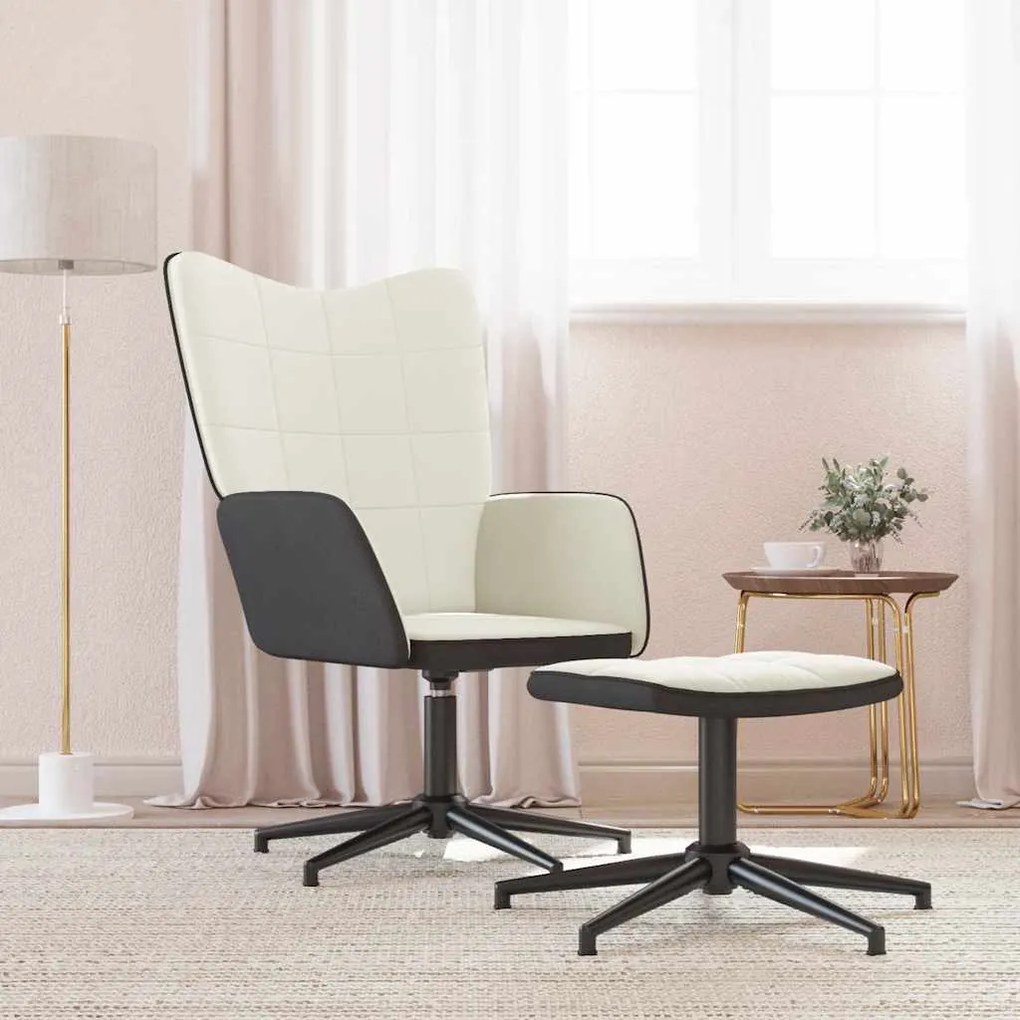 327851 vidaXL Scaun de relaxare cu taburet, alb crem, catifea și PVC