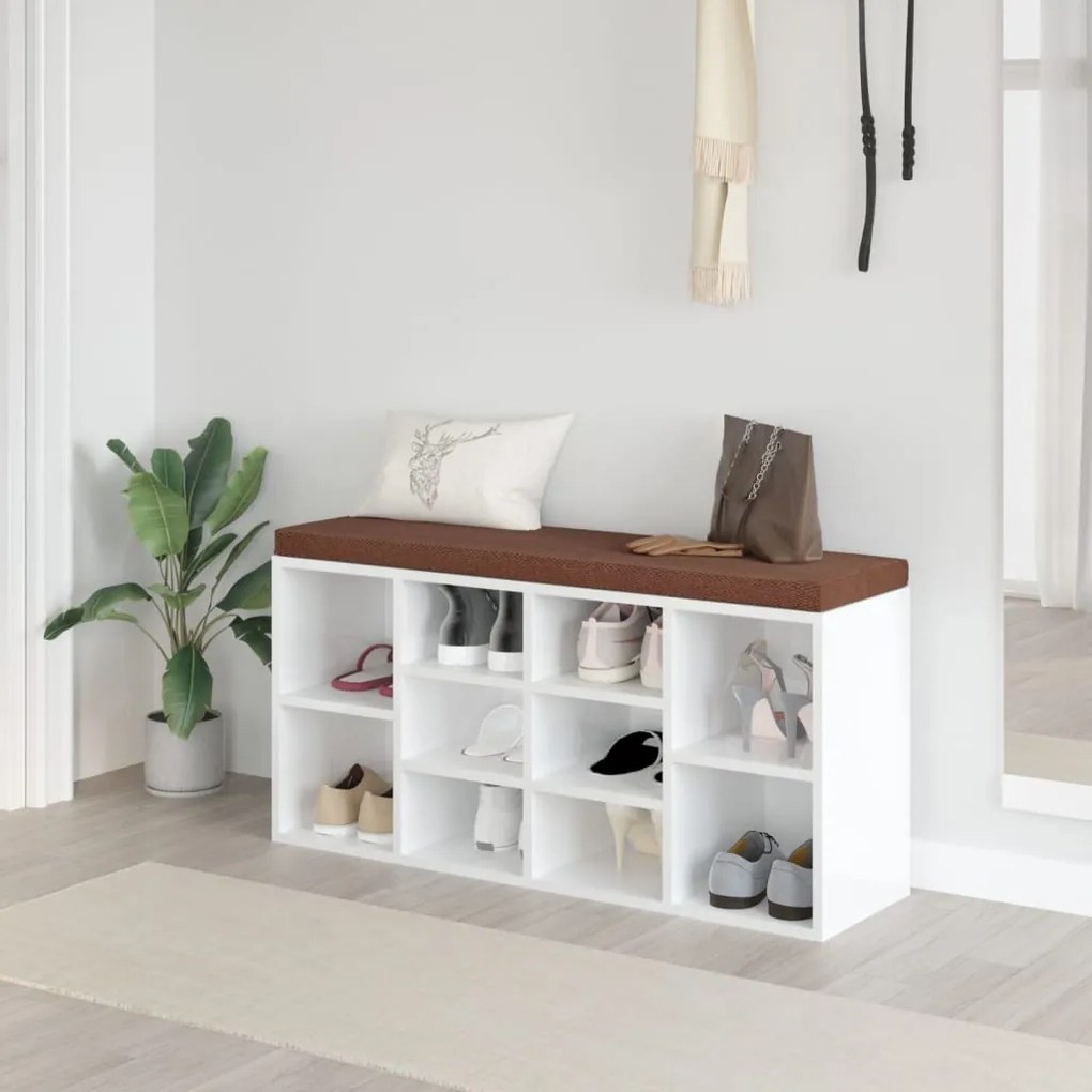 vidaXL Bancheta pantofar, alb extralucios, 103x30x48 cm, lemn compozit