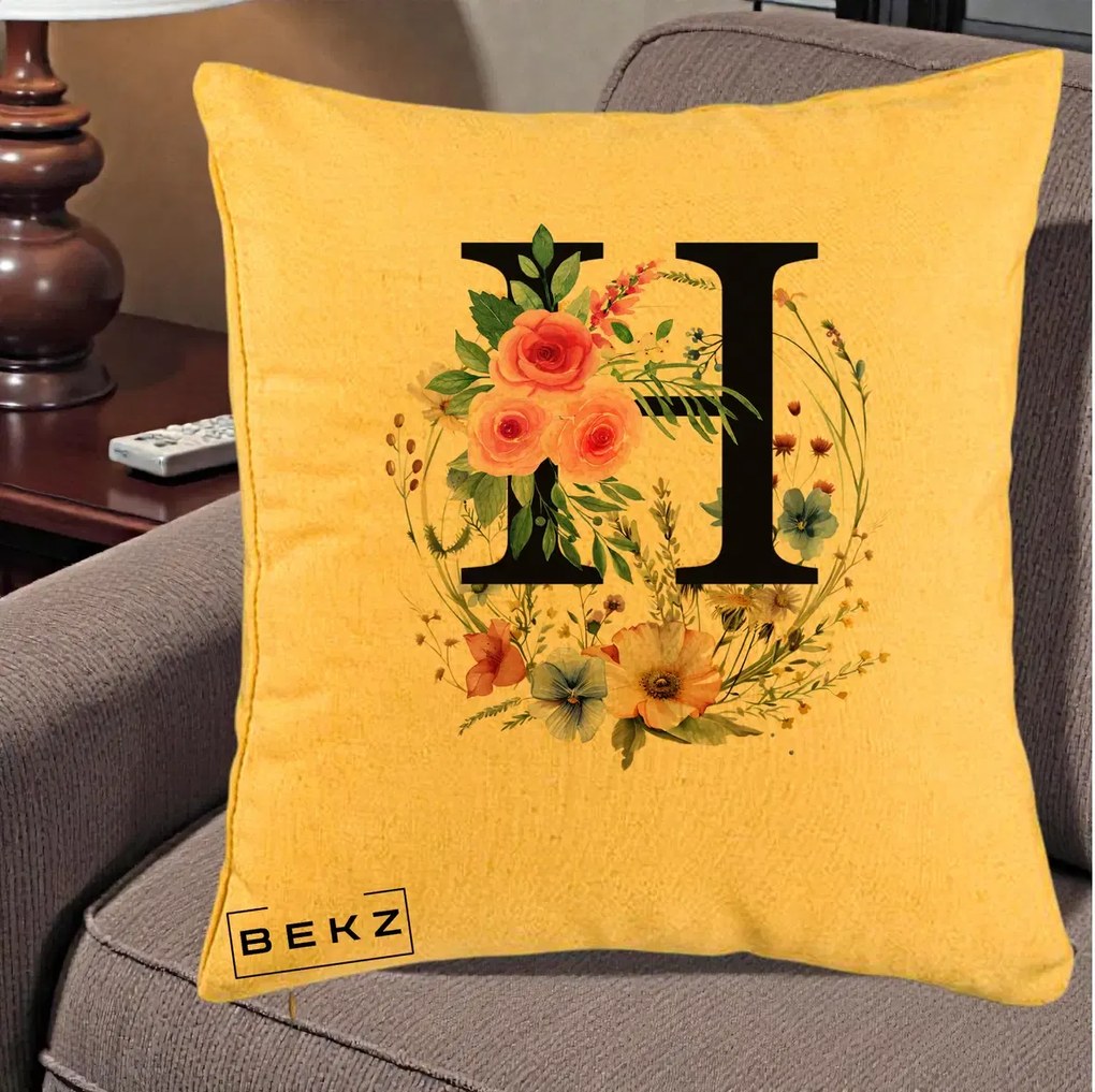 Cadou Personalizat - Perna Personalizata Monogram Litera H cu Flori Acuarela, 40x40 cm, Galben, Husa Detasabila, Perna Inclusa, BEKZ®