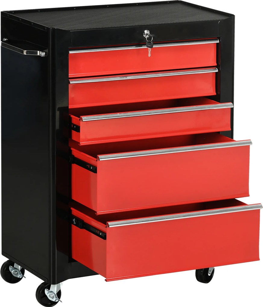 HOMCOM Cărucior pentru scule pe roți, Servantă de atelier din oțel 5 sertare închidere cu 2 chei, 61,5 x 33 x 82,5 cm, roșu | Aosom Romania