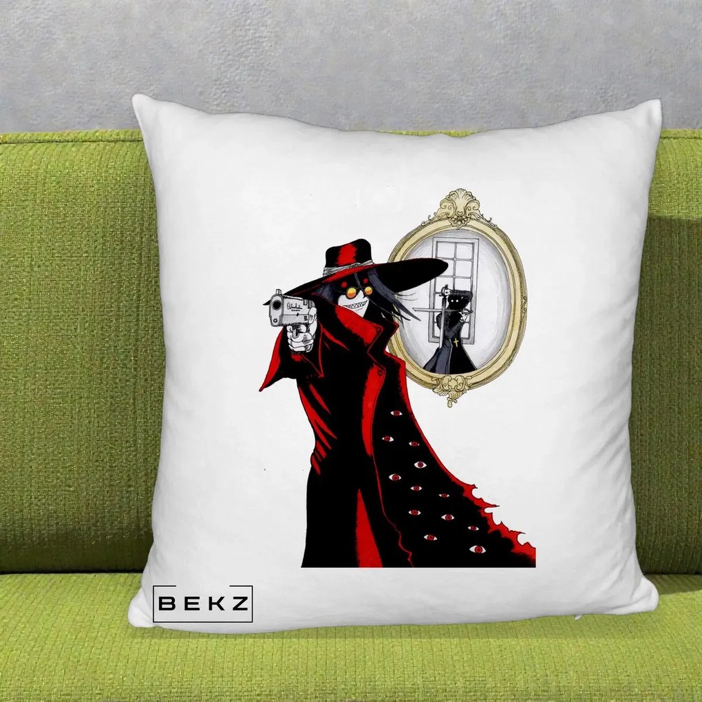 Perna Personalizata Hellsing Alucard cu Pistoale, 40x40 cm, Alb Pufos, Husa Detasabila, Perna Inclusa, BEKZ®