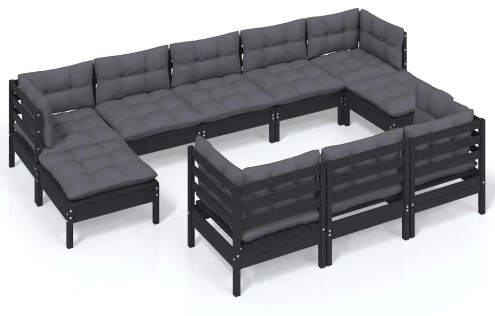 3097143 vidaXL Set mobilier de grădină cu perne 10 piese negru lemn masiv pin
