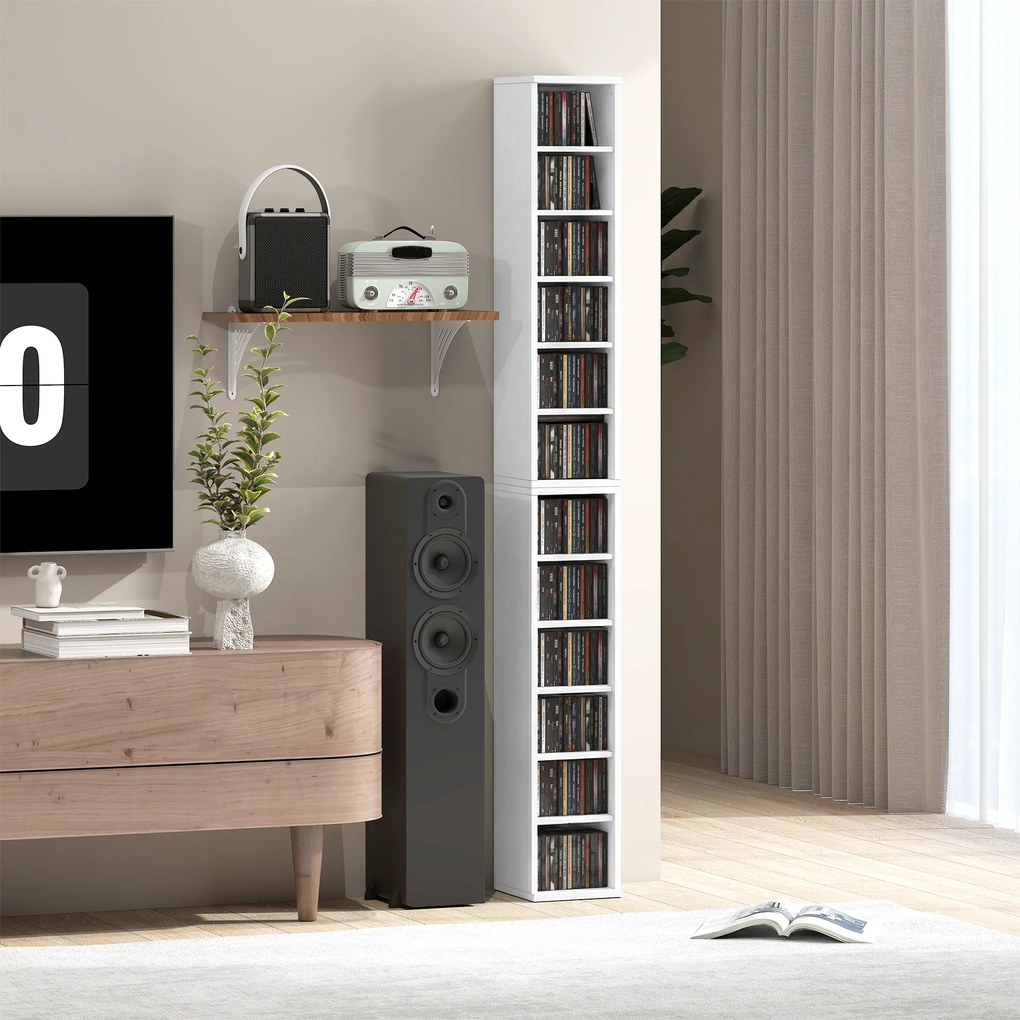 HOMCOM Set de 2 etajere coloane dulap pentru depozitare CD-DVD 12 compartimente 21 x 22,5 x 88,5 cm capacitate 204 CD-uri alb | Aosom Romania