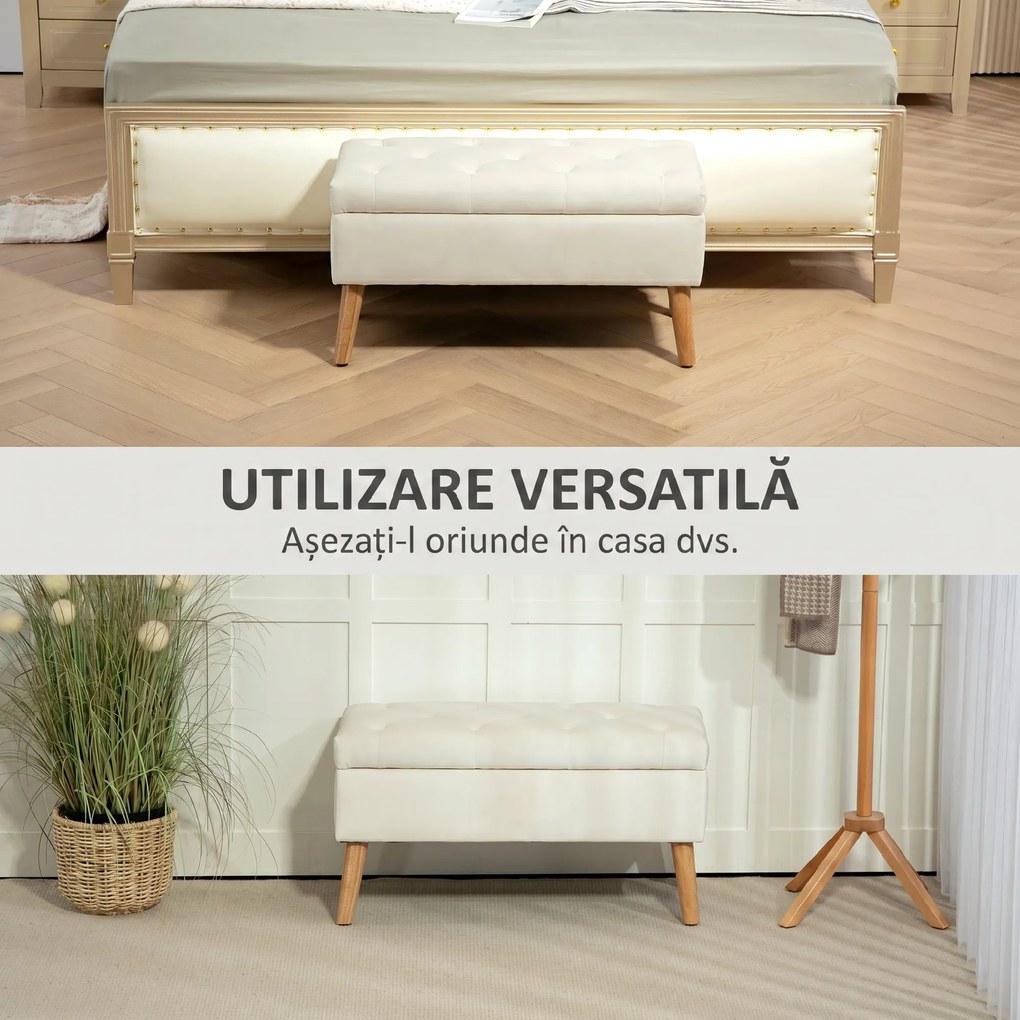 HOMCOM Taburet cu Depozitare In Catifea Picioare In Lemn Di Cauciuc 80x35x42 cm Crem | Aosom Romania