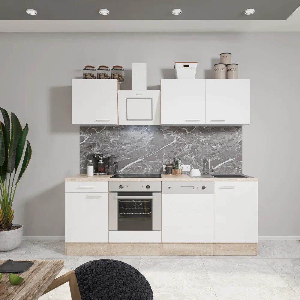 Mobilă de bucătărie Yorki 220, corp din stejar sonoma, față alb satinat cu element inferior al cuptorului