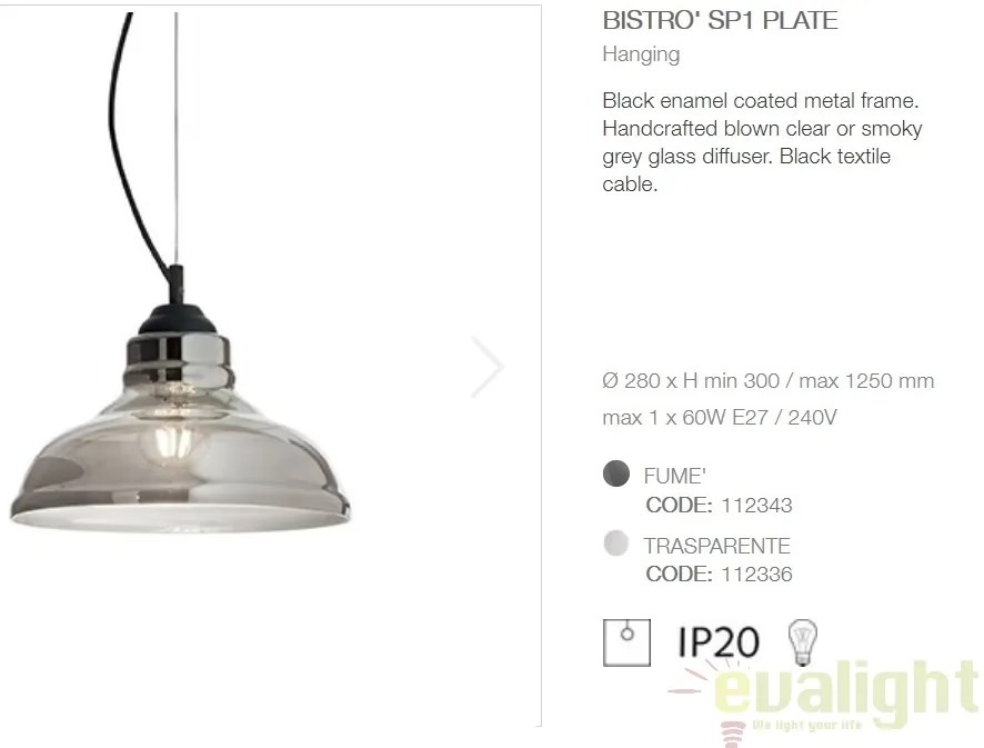 Lustra diametru 28cm, din sticla suflata manual, BISTRO SP1 PLATE fumurie 112343