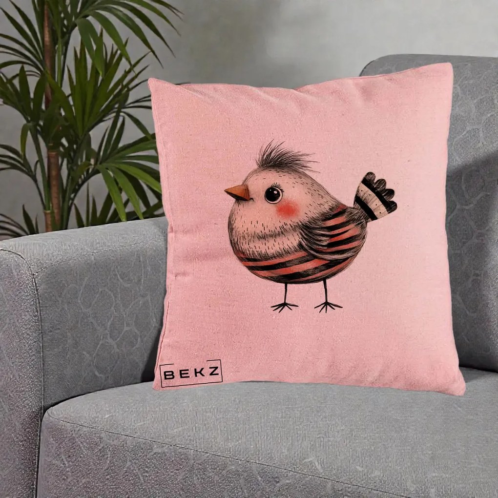 Perna Decorativa Pui Expresiv Dungi Negru-Rosu, 40x40 cm, Roz, Husa Detasabila, Perna Inclusa, BEKZ®