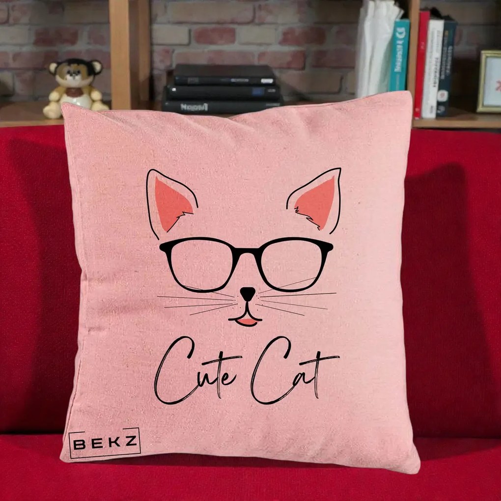 Perna Personalizata Cute Cat cu Ochelari, 40x40 cm, Roz, Husa Detasabila, Perna Inclusa, BEKZ®