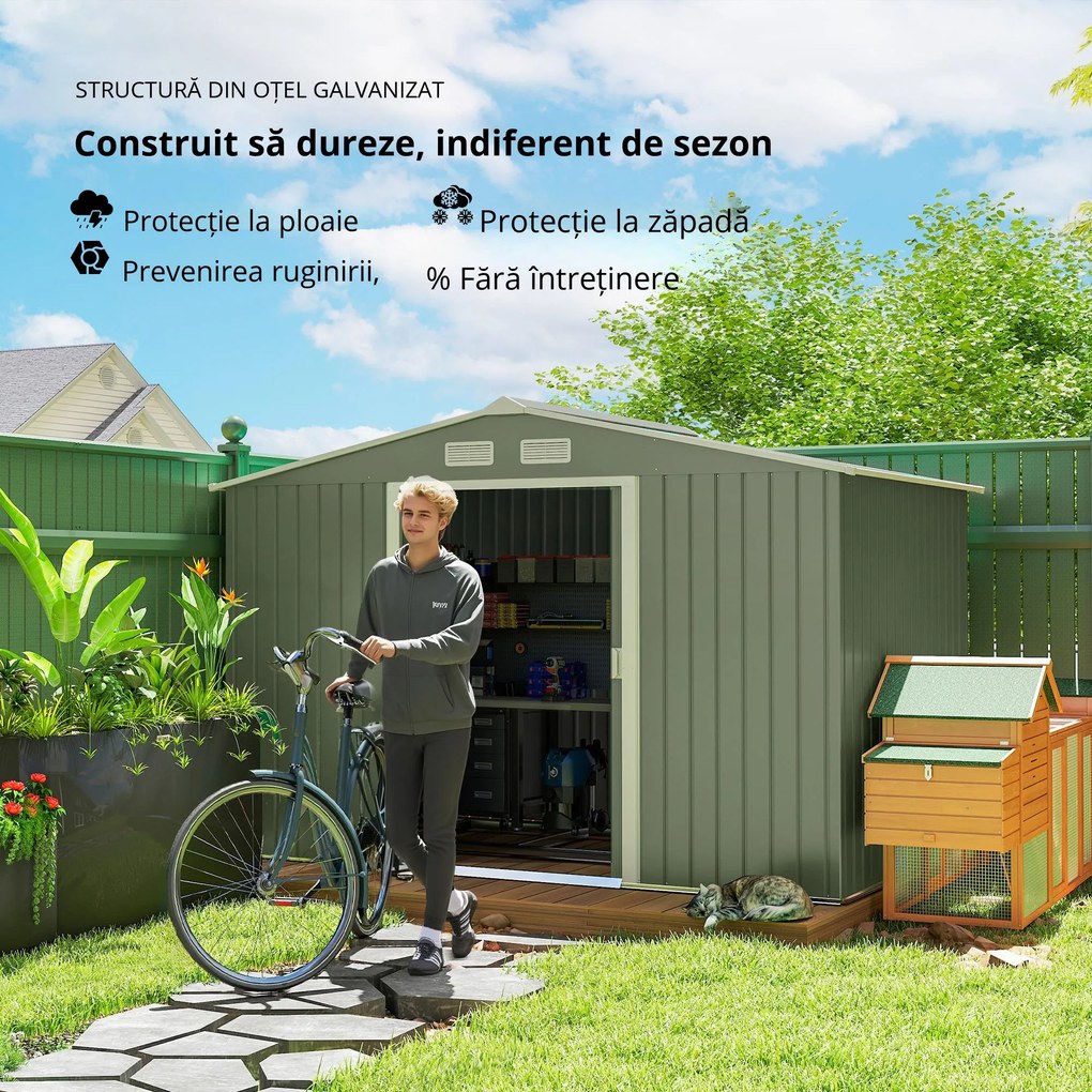 Outsunny Magazie Spațioasă pentru Grădină cu Uși Glisante și Ventilație, Structură din Oțel Durabil, 277x195x192 cm, Verde | Aosom Romania