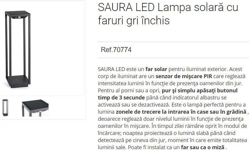 Stalp LED solar iluminat exterior cu senzor de miscare IP54 SAURA