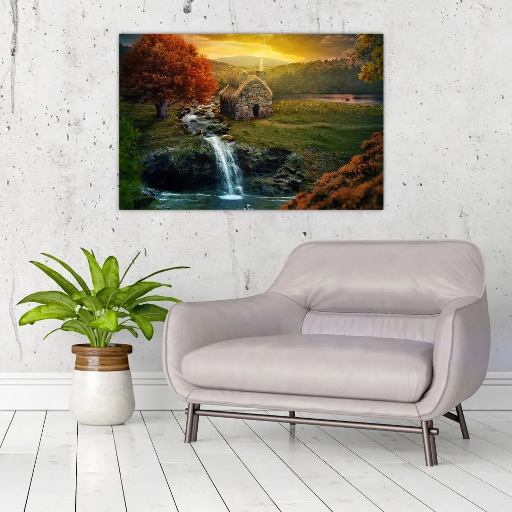 Tablou cu căbănuță în peisaj de poveste (90x60 cm)