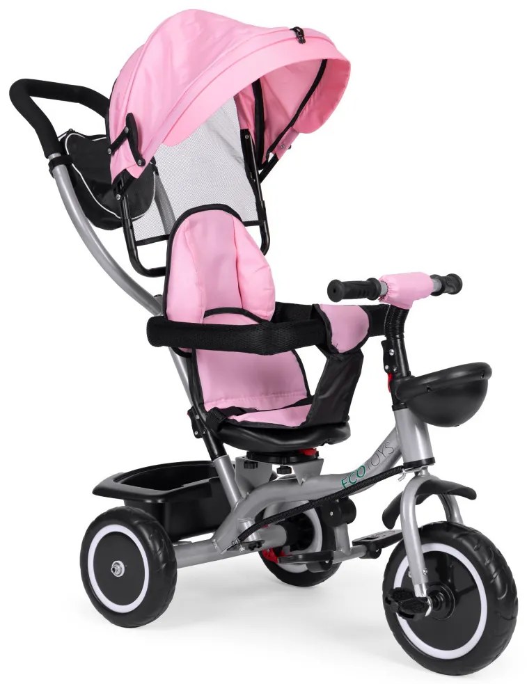 Triciclu triciclu cu scaun pivotant și parasolar pliabil 2in1 roz