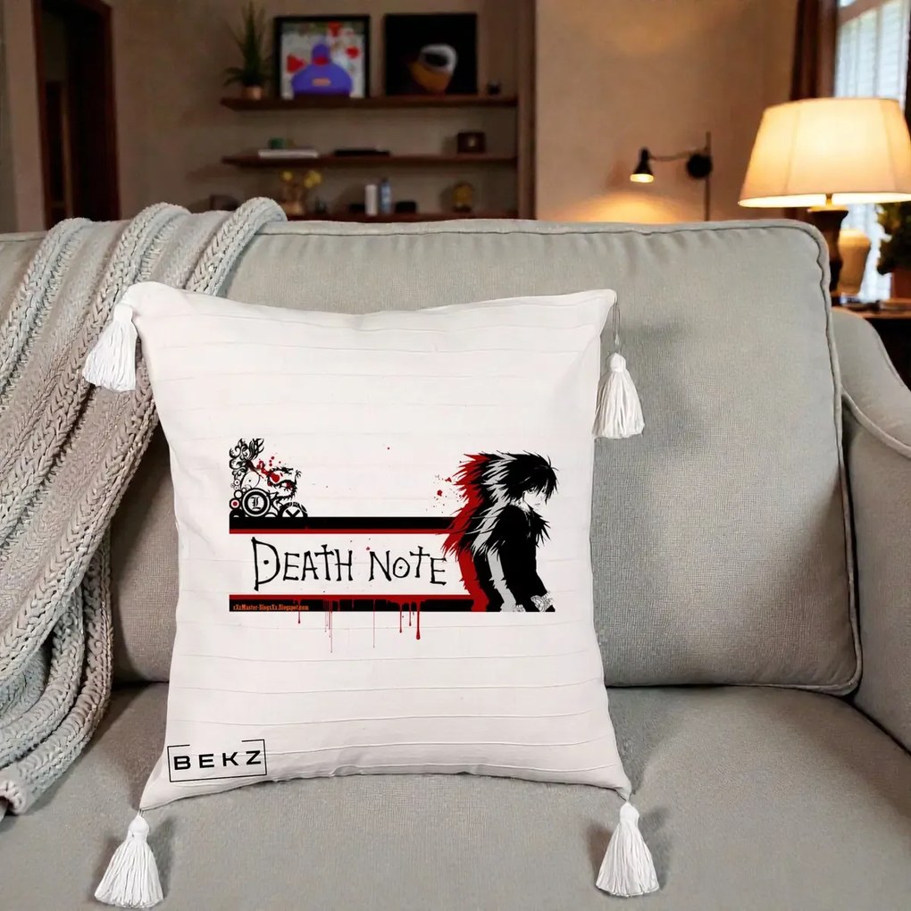 Perna Personalizata Death Note L Lawliet Rosu-Negru, 40x40 cm, Bej cu Franjuri, Husa Detasabila, Perna Inclusa, BEKZ®