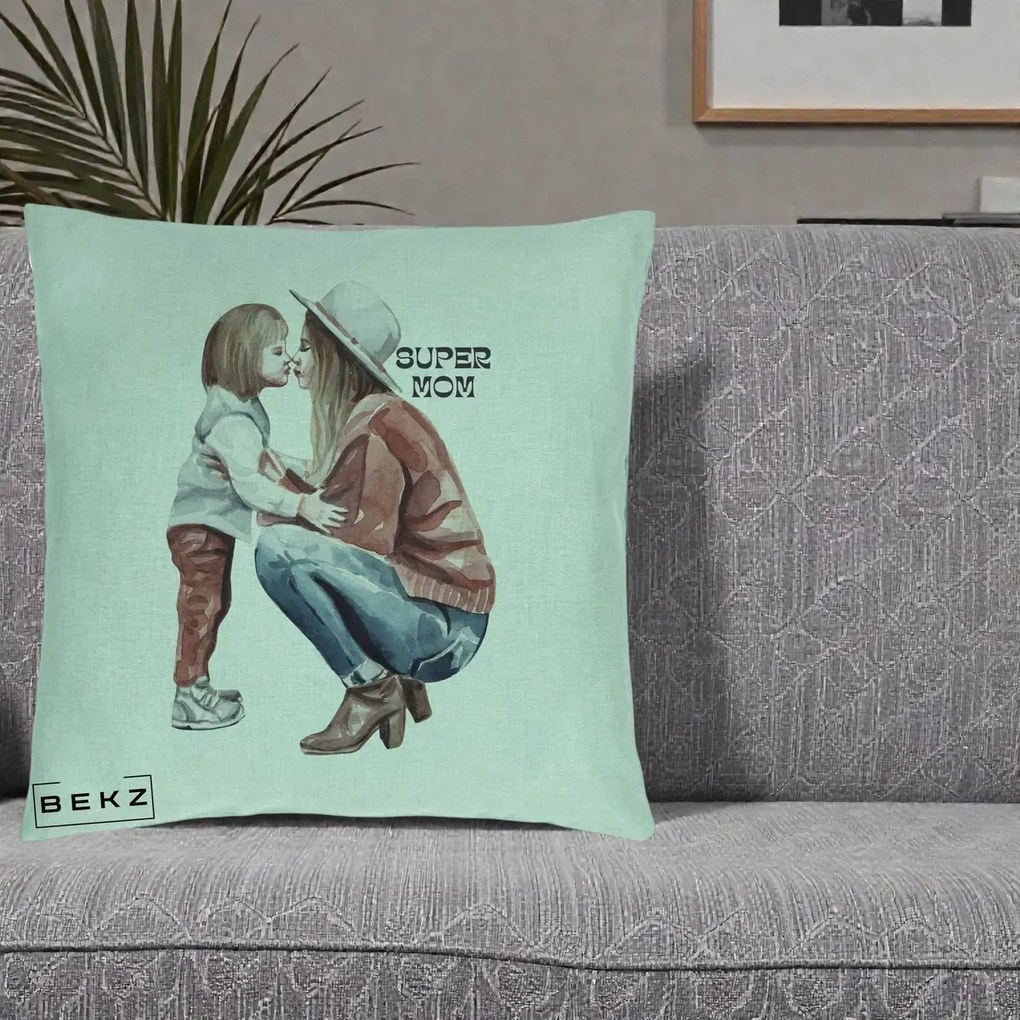 Cadou pentru Mama - Perna Personalizata Super Mom Acuarela, 40x40 cm, Verde Menta, Husa Detasabila, Perna Inclusa, BEKZ®
