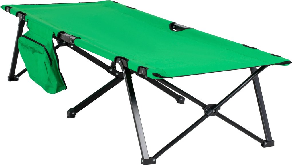 Outsunny Pat de camping, pat pliabil, pat pliabil cu buzunar lateral, suport pentru băuturi, suportând până la 136 kg, cadru din oțel Oxford Verde+Negru 190 x 65 x 40 cm | Aosom Romania