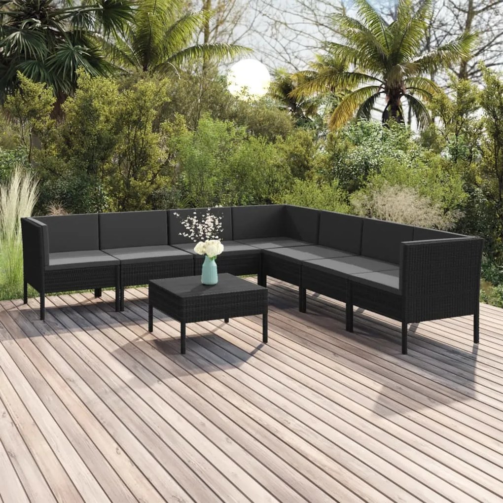 Set mobilier de gradina cu perne, 8 piese, negru, poliratan 3x colt + 4x mijloc + masa, 1