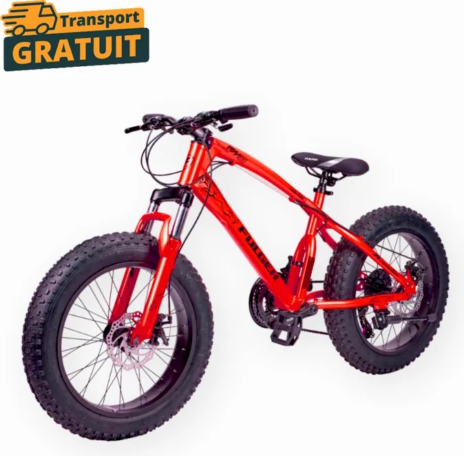 Bicicleta FatBike Fulger by Caraiman, roti 20 inch, cauciucuri groase, frane pe disc, rosie