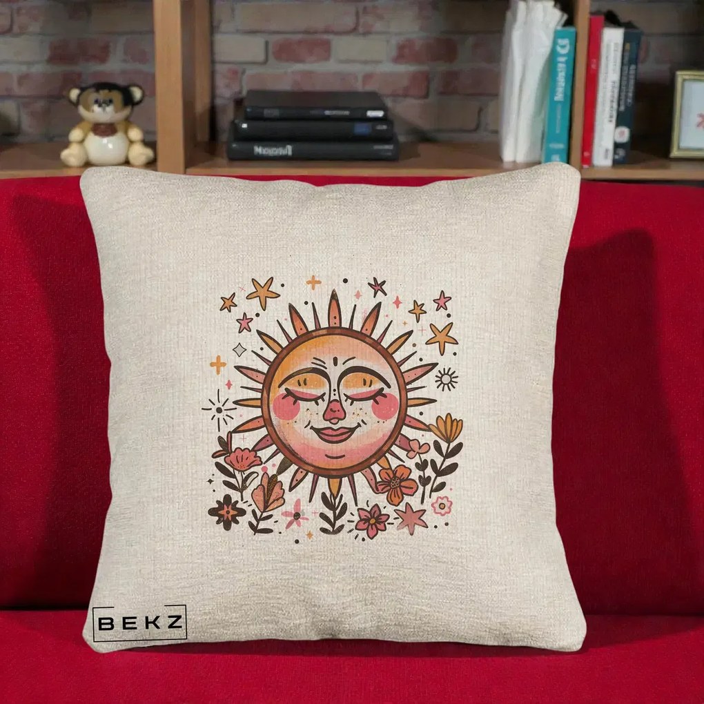 Perna Decorativa Soare Retro Boho Floral, 40x40 cm, Bej Canapea, Husa Detasabila, Perna Inclusa, BEKZ®