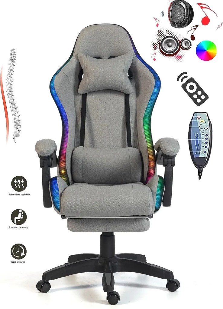 RESIGILAT- ALFORD Scaun gaming cu Masaj in 5 puncte, Perna lombara cu Masaj, Sistem iluminare banda LED RGB, Boxe Bluetooth, suport picioare, textil, Gri