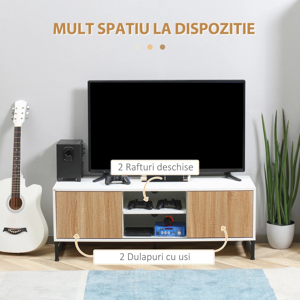 HOMCOM Suport TV pentru modele de pana la 50" Max, PAL modern si suport TV din otel cu 2 rafturi deschise si 2 dulapuri inchise, 120x39,5x45cm | Aosom Romania