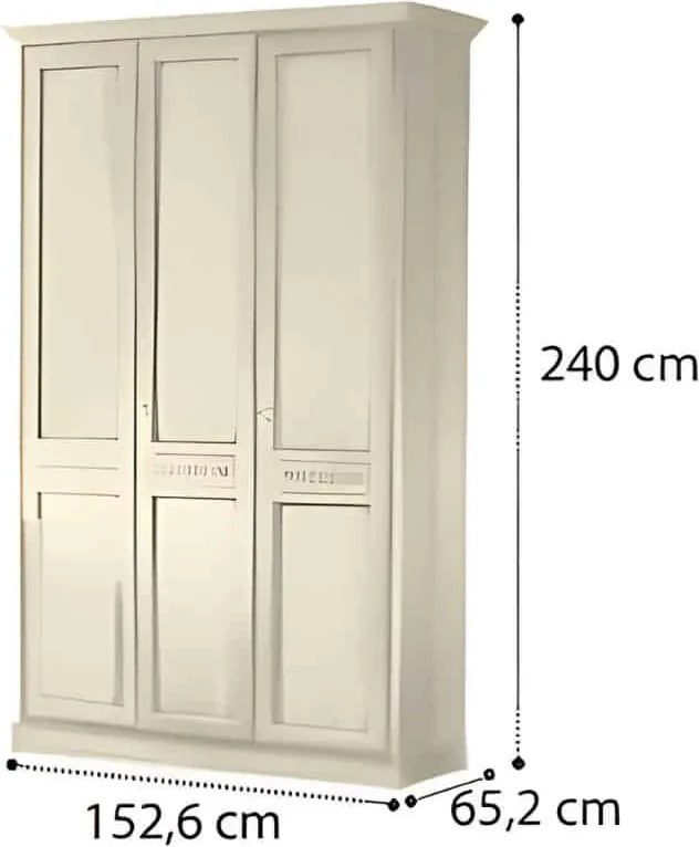 Dulap lemn masiv crem 3 Uși Bologna Patinat, 153 × 65 × 240 cm - Cu oglinda pe mijloc