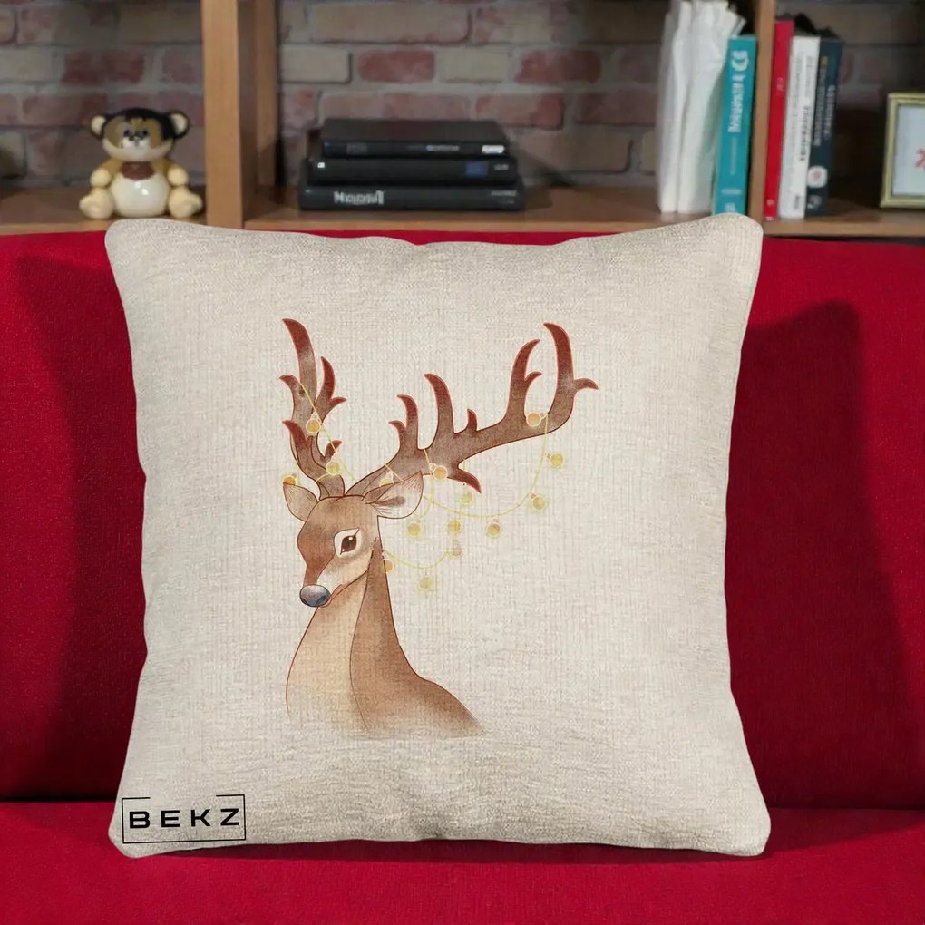Perna Decorativa Ren cu Luminite de Craciun, 40x40 cm, Bej Canapea, Husa Detasabila, Perna Inclusa, BEKZ®