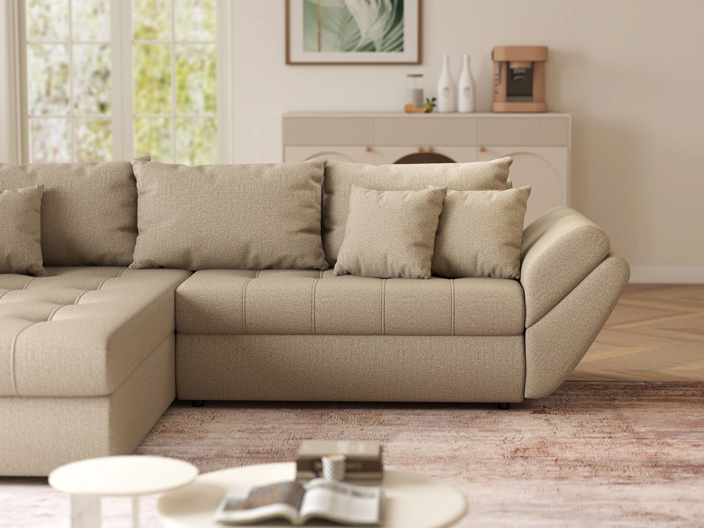 Colțar extensibil dumonde cu ladă de depozitare si sezut confortabil din spuma high-density, Loana Enjoy Camel 270x185 cm