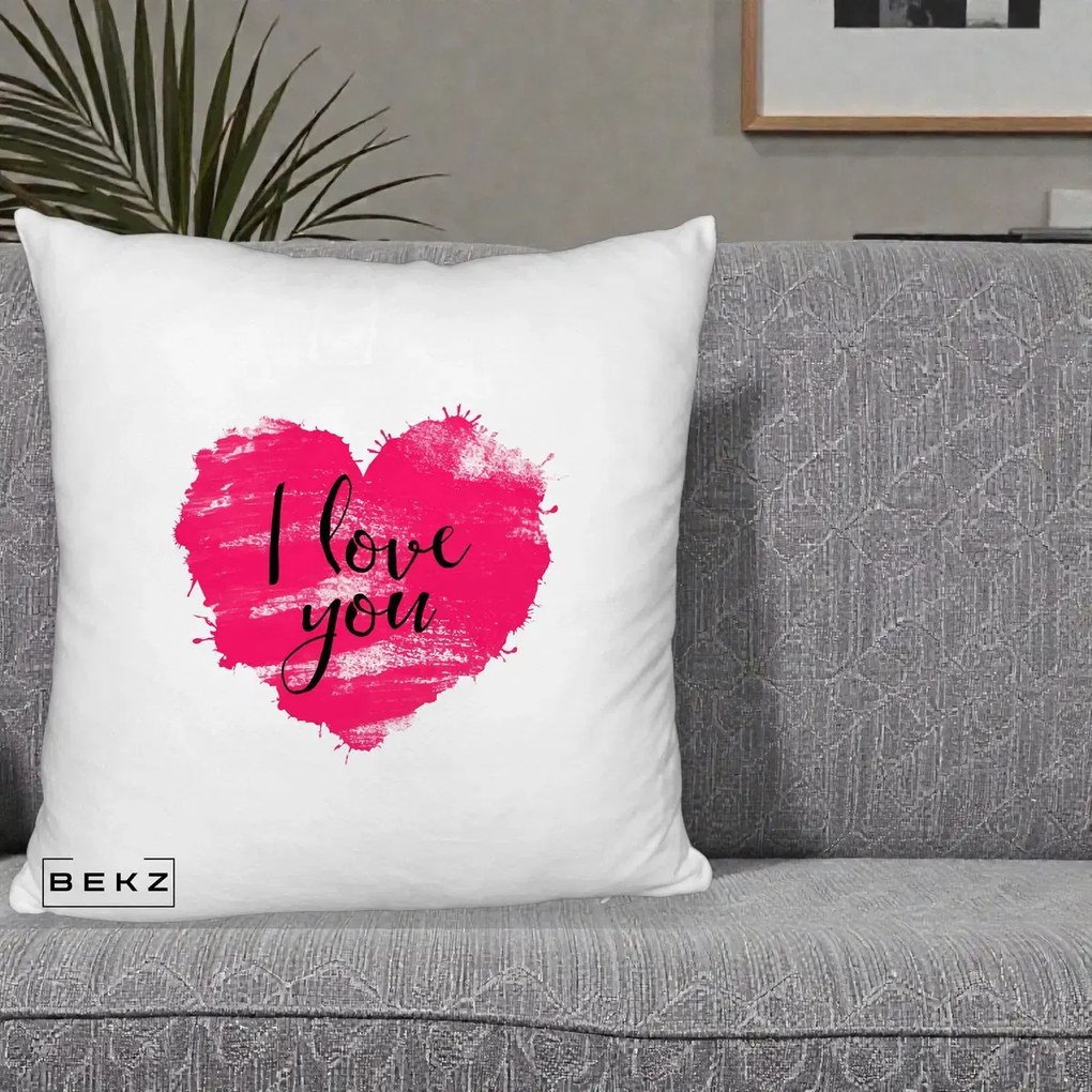 Cadou Romantic - Perna Personalizata I Love You Inima Roz, 40x40 cm, Alb Pufos, Husa Detasabila, Perna Inclusa, BEKZ®