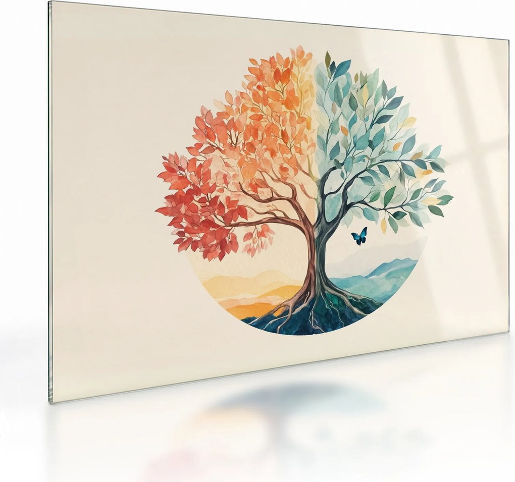Tablou pe sticlă – Arbore dual cu fluture (70x50 cm)