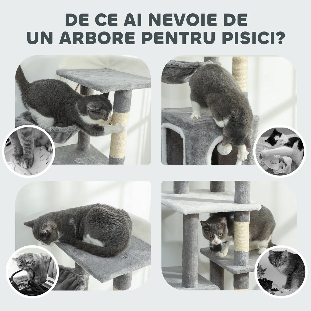 PawHut Arborele pentru Pisici cu Căsuțe, Rampe, Stinghie și 4 Mingi, Gri | Aosom Romania